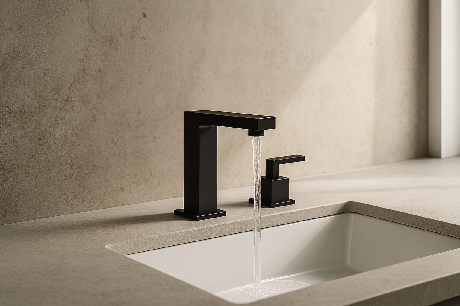 Commercial restroom vanity with three integrated sinks and sensor touchless faucets under a full-length mirror