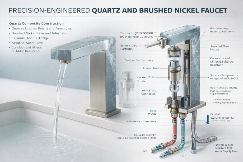 Exploded cutaway view of a quartz composite brushed nickel faucet showing internal components, flow control, and water supply connections.