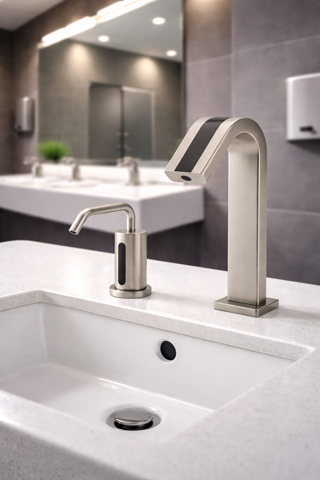 Brushed nickel sink faucet installed on a modern bathroom vanity