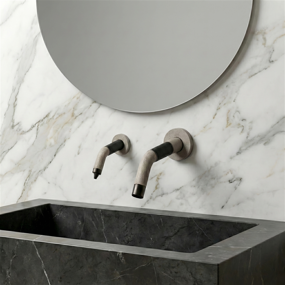Commercial restroom sink bowl with reflective basin surfaces that may affect sensor faucet range