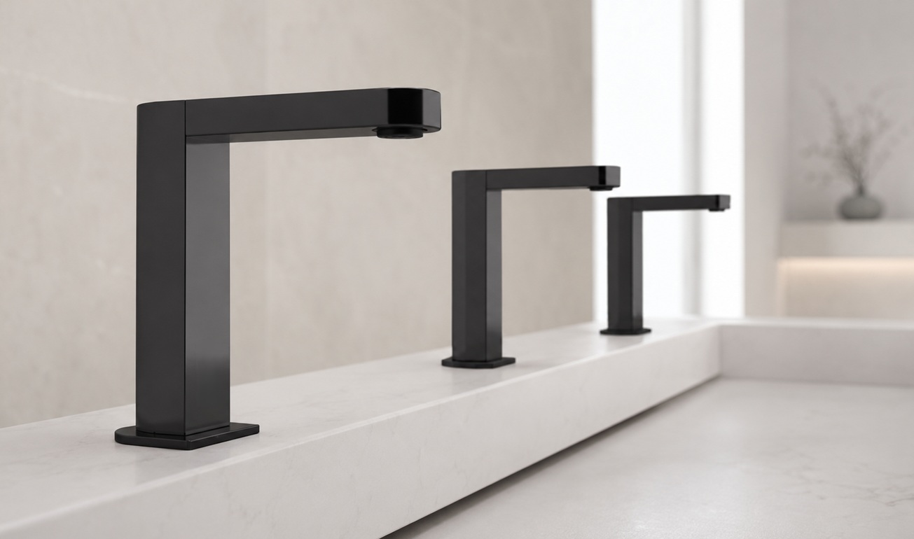 JunoShowers commercial matte black deck mounted touchless sensor faucet for public restrooms