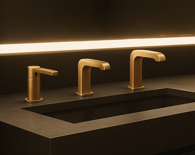 Commercial restroom double sink touchless fixture standards coordination