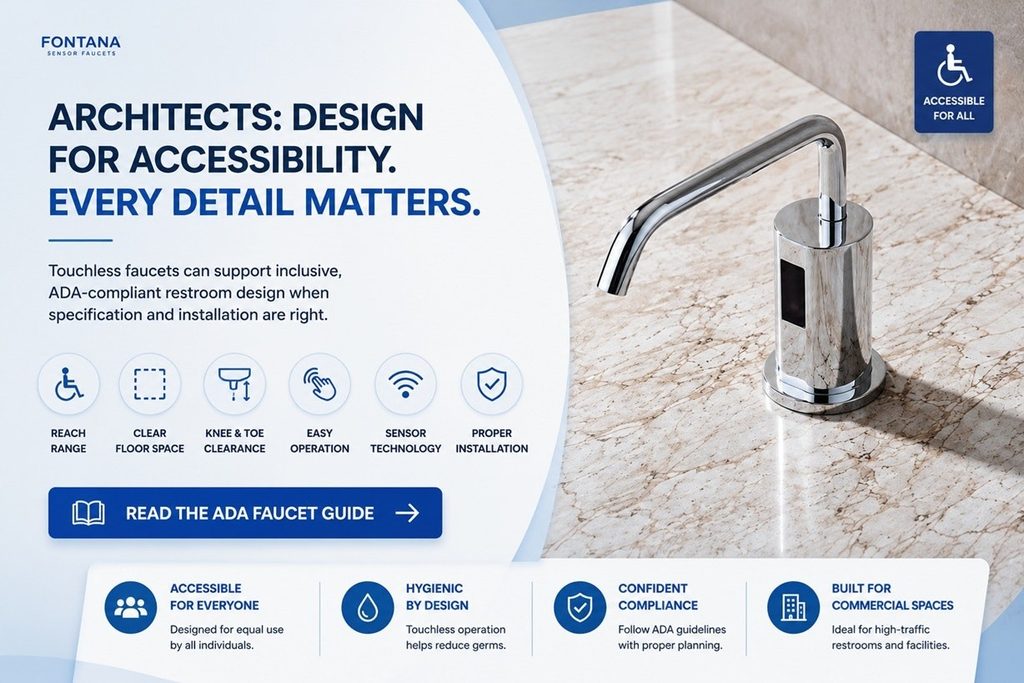 Accessible commercial touchless faucet and soap dispenser fixture coordination