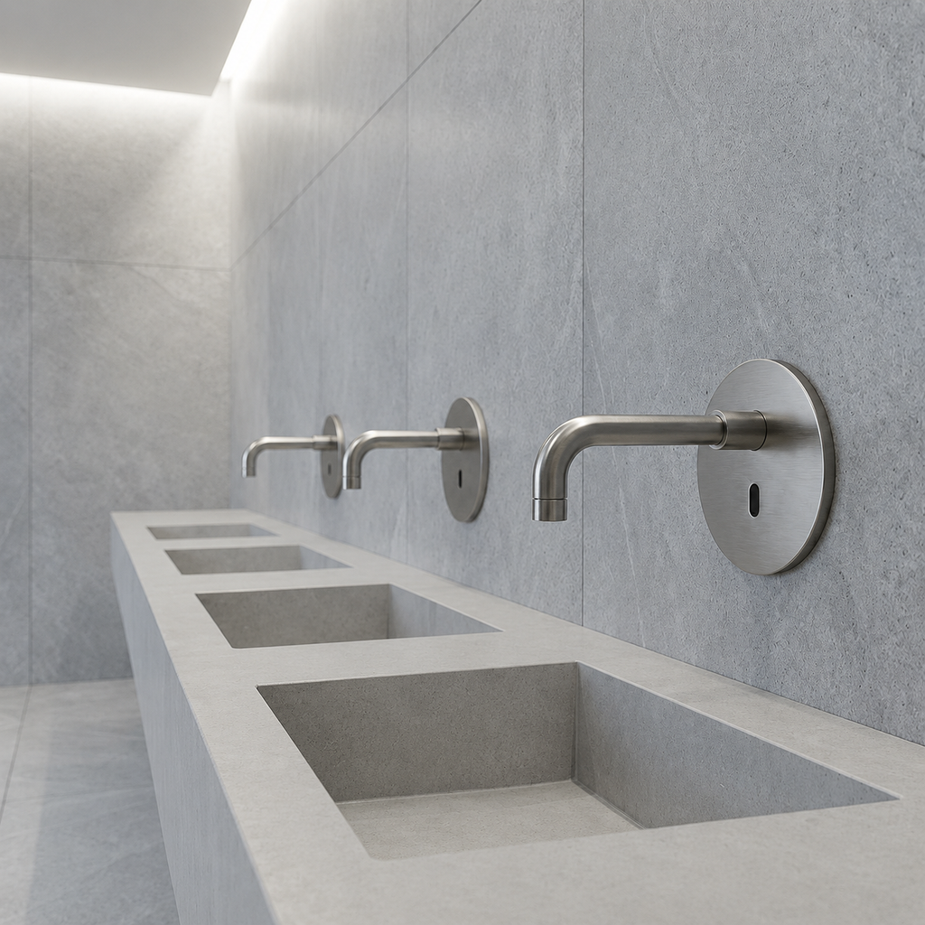 Brushed nickel faucet finish showing a soft matte metallic surface suitable for bathroom sinks