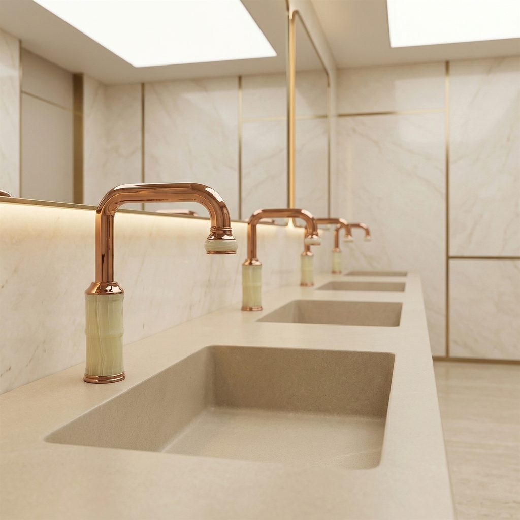 Commercial restroom with multiple deck-mounted touchless sensor faucets installed along a white trough basin