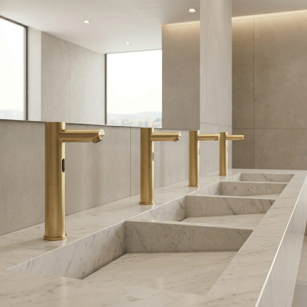 High-traffic commercial restroom with four polished sensor faucets coordinated across individual lavatory basins