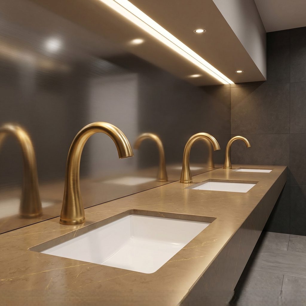 Modern wall-mounted commercial bathroom sink and faucet installation illustrating basin and fixture coordination.
