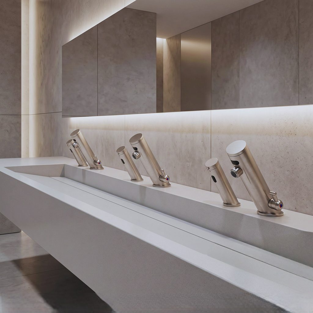 Modern commercial restroom with three coordinated sensor faucets and undermount basins
