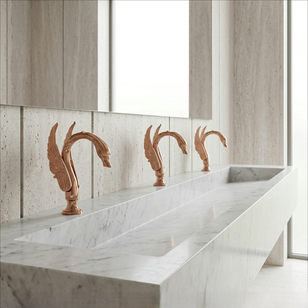 Heavy-traffic institutional restroom with polished touchless faucets installed over undermount basins