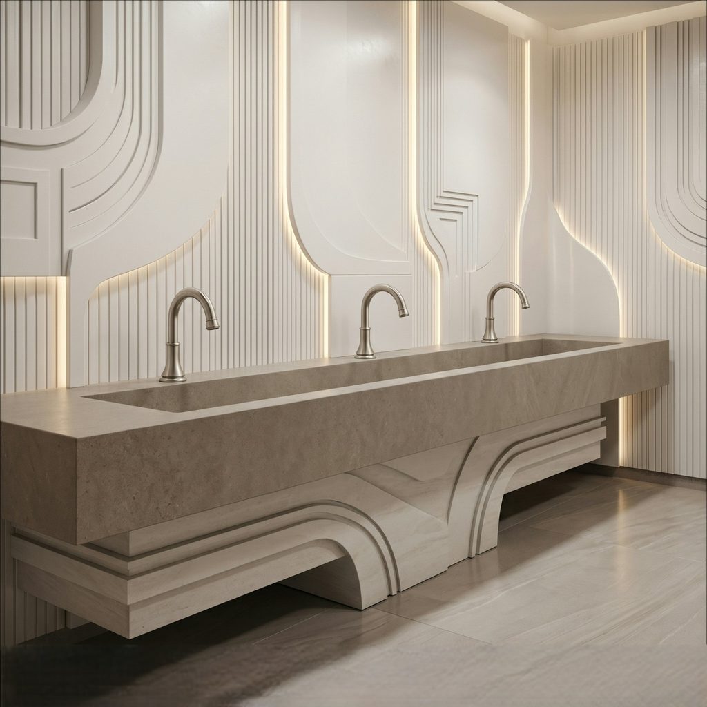 Modern bathroom sink with brushed nickel faucet and matching accessories