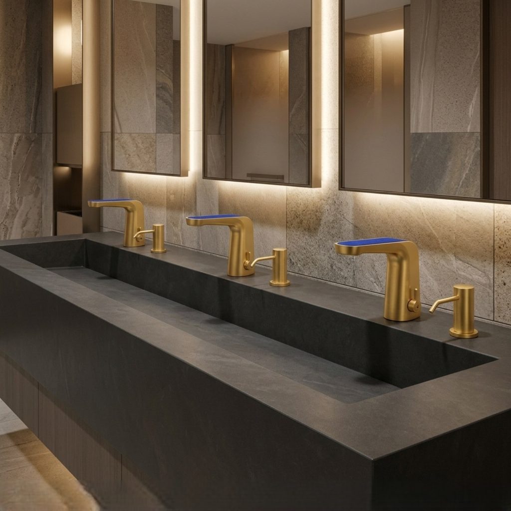 Commercial restroom fixture planning for airport bathroom sinks and faucets