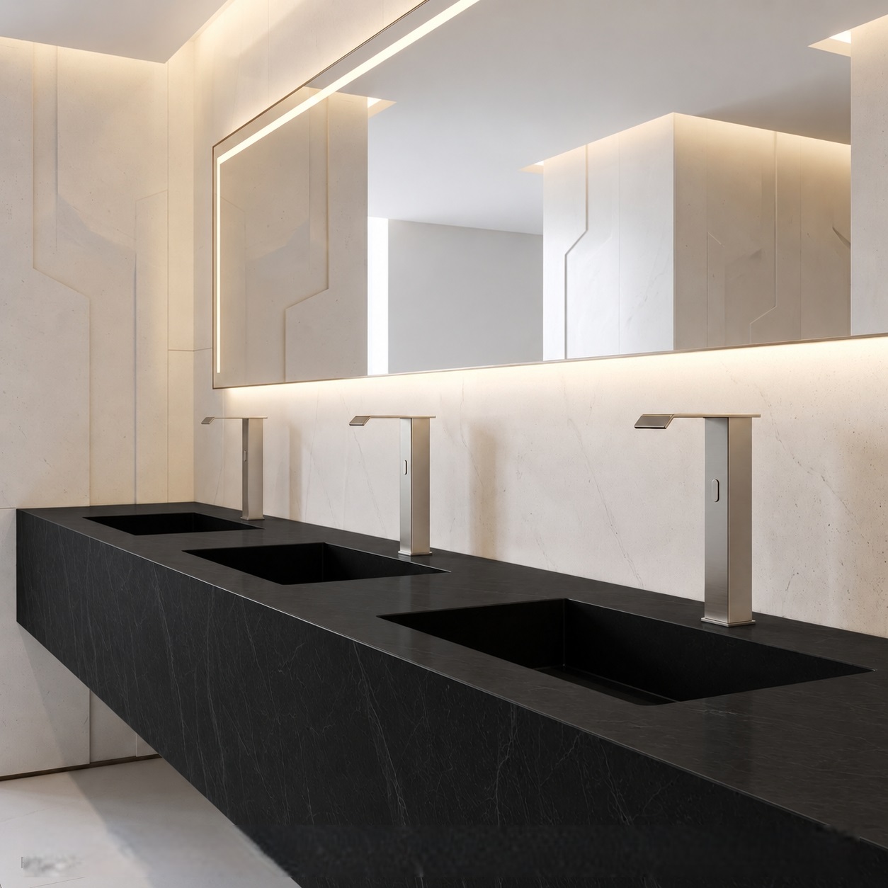 Brushed nickel sink faucet installed on a modern bathroom vanity