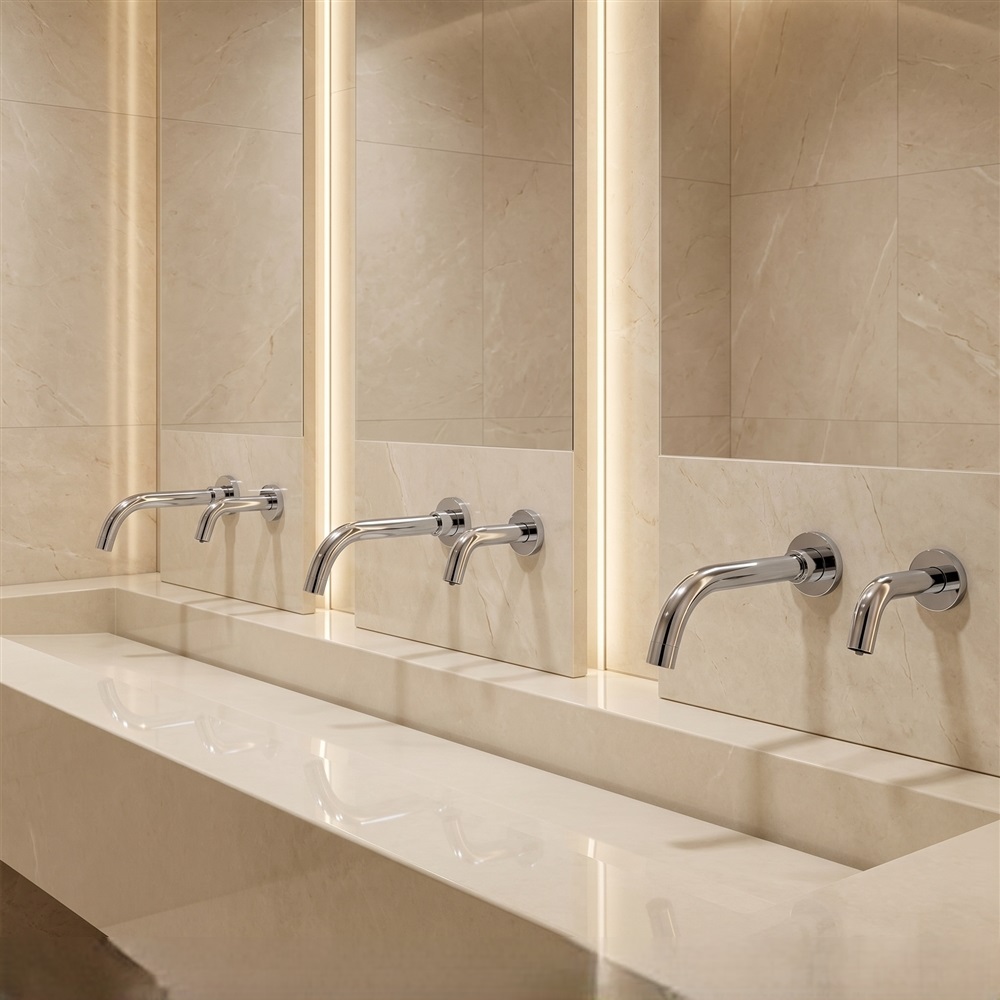 High-volume theme park restroom illustrating touchless faucet planning for changing guest traffic