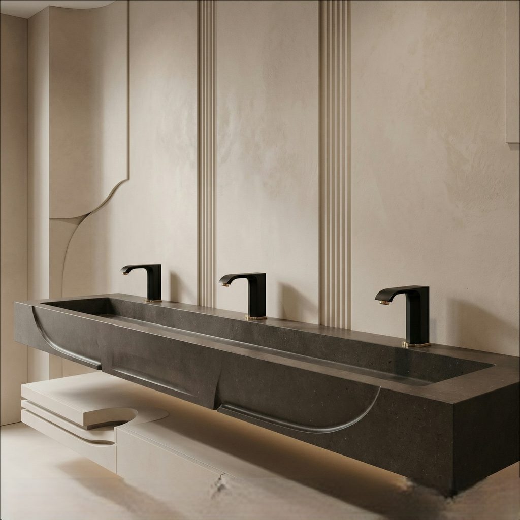 Hand near the sensing area of a touchless bathroom faucet
