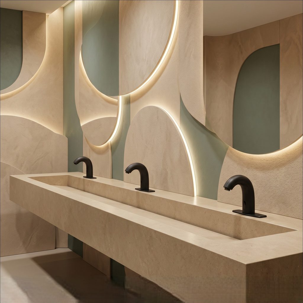 Commercial restroom planning environment representing high-traffic building applications served by commercial faucet research.