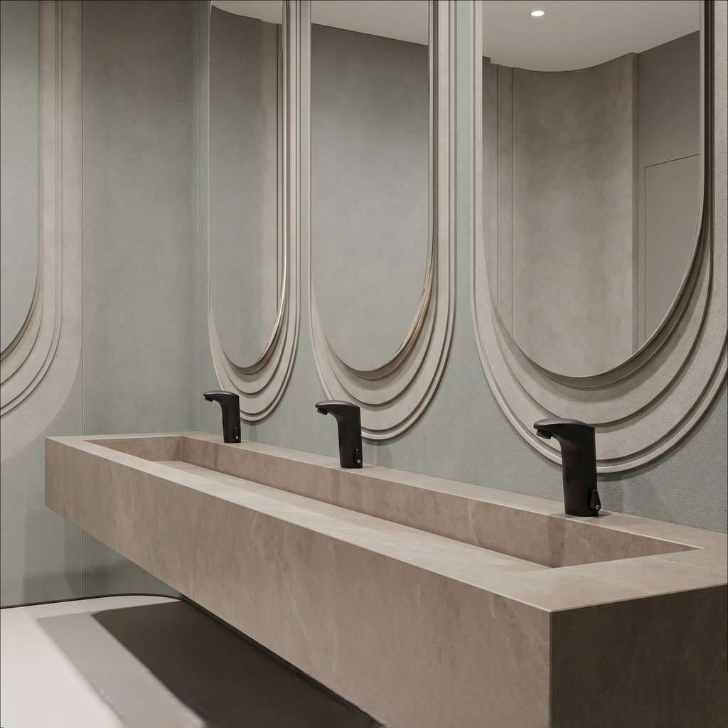 Water efficient commercial bath faucet for an accessible restroom