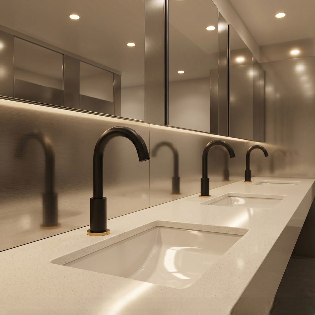 Automatic commercial touchless faucet illustrating sensor activation, power strategy, and user-experience considerations.