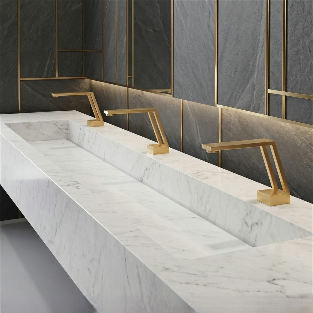 Modern gold single hole faucet installed with a quartz bathroom vanity
