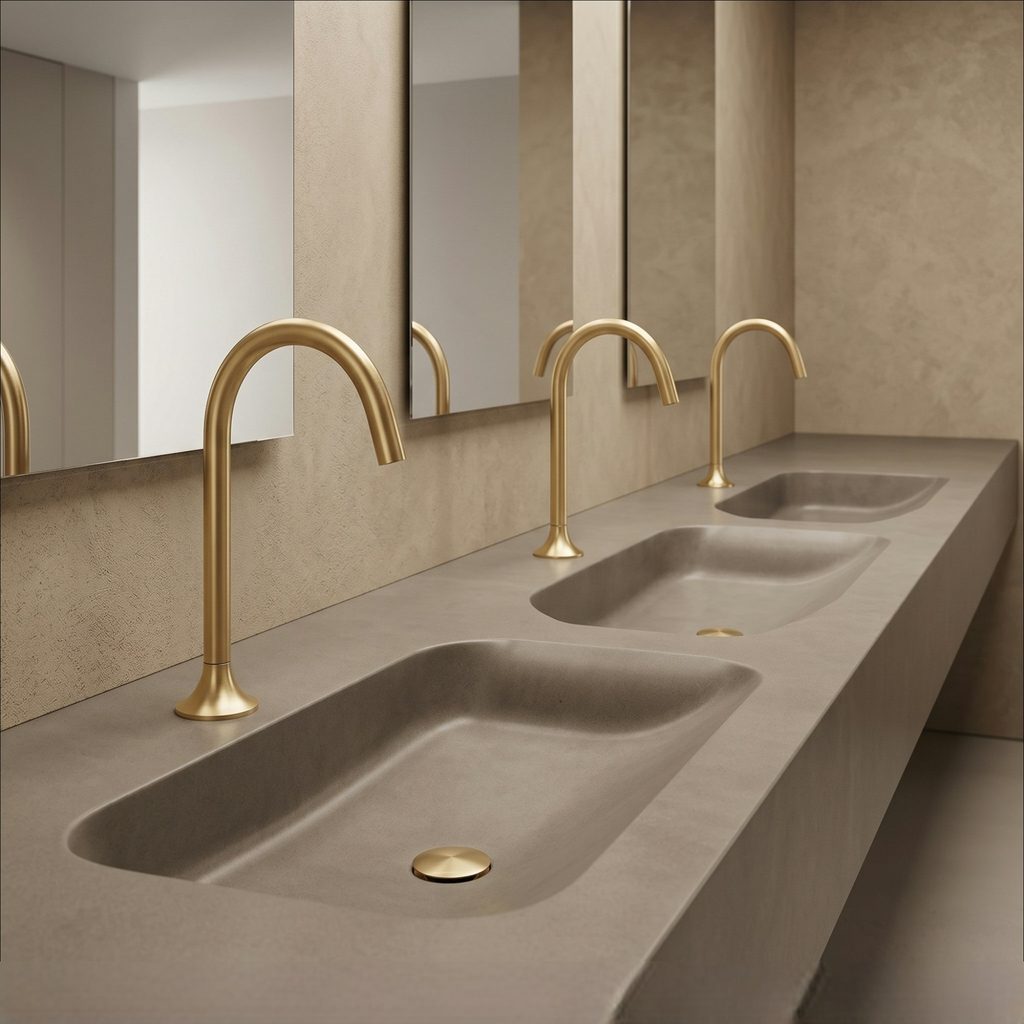Commercial sensor faucet representing water-efficiency, controlled activation, energy use, and sustainable restroom planning.