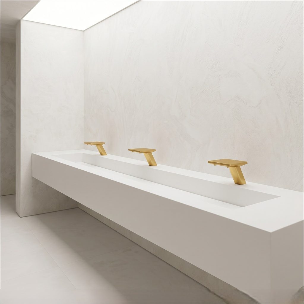 Gold single hole bathroom faucet installed on a modern minimalist vanity