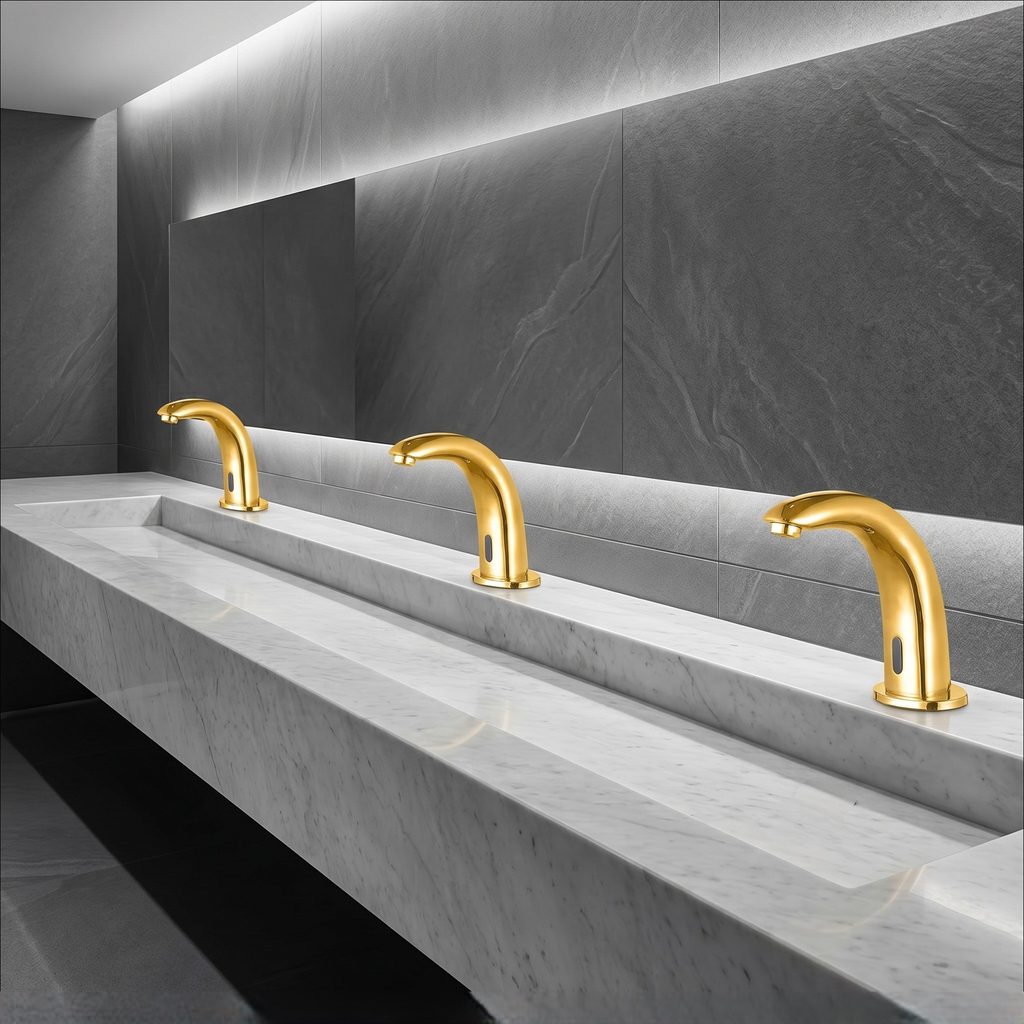 Single hole gold faucet centered over a minimalist bathroom sink and countertop