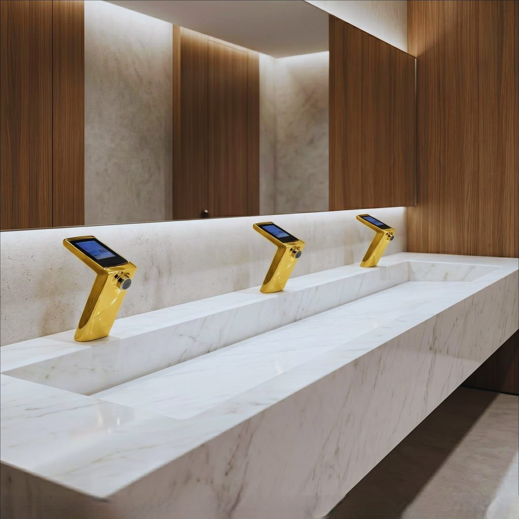 Brushed gold single hole faucet paired with a marble bathroom countertop