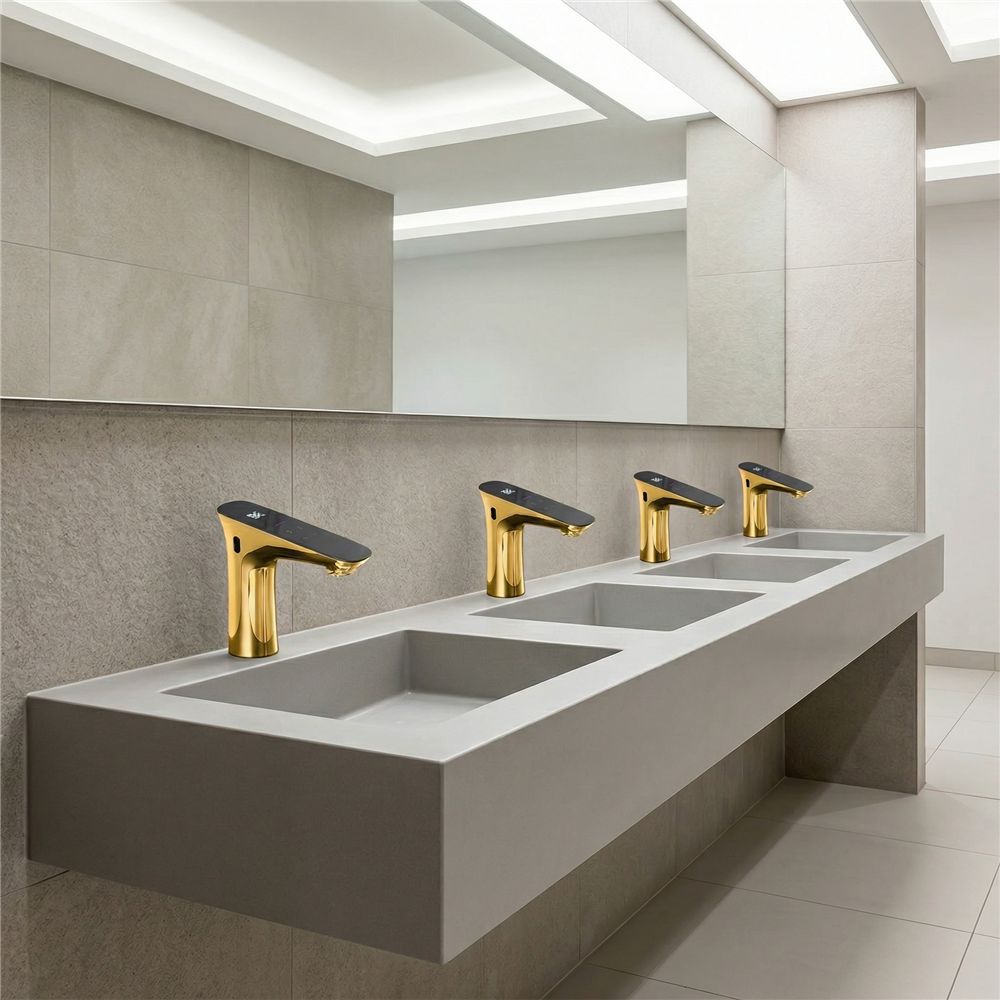 Satin gold bathroom faucet coordinated with natural wood cabinetry and a modern sink