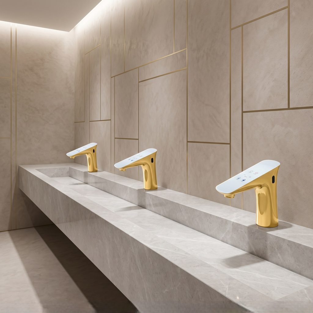 Gold single handle faucet showing a compact single hole bathroom installation