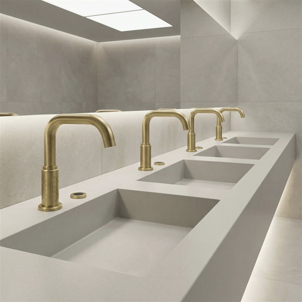 Elegant gold bathroom vanity faucet in a contemporary bathroom design