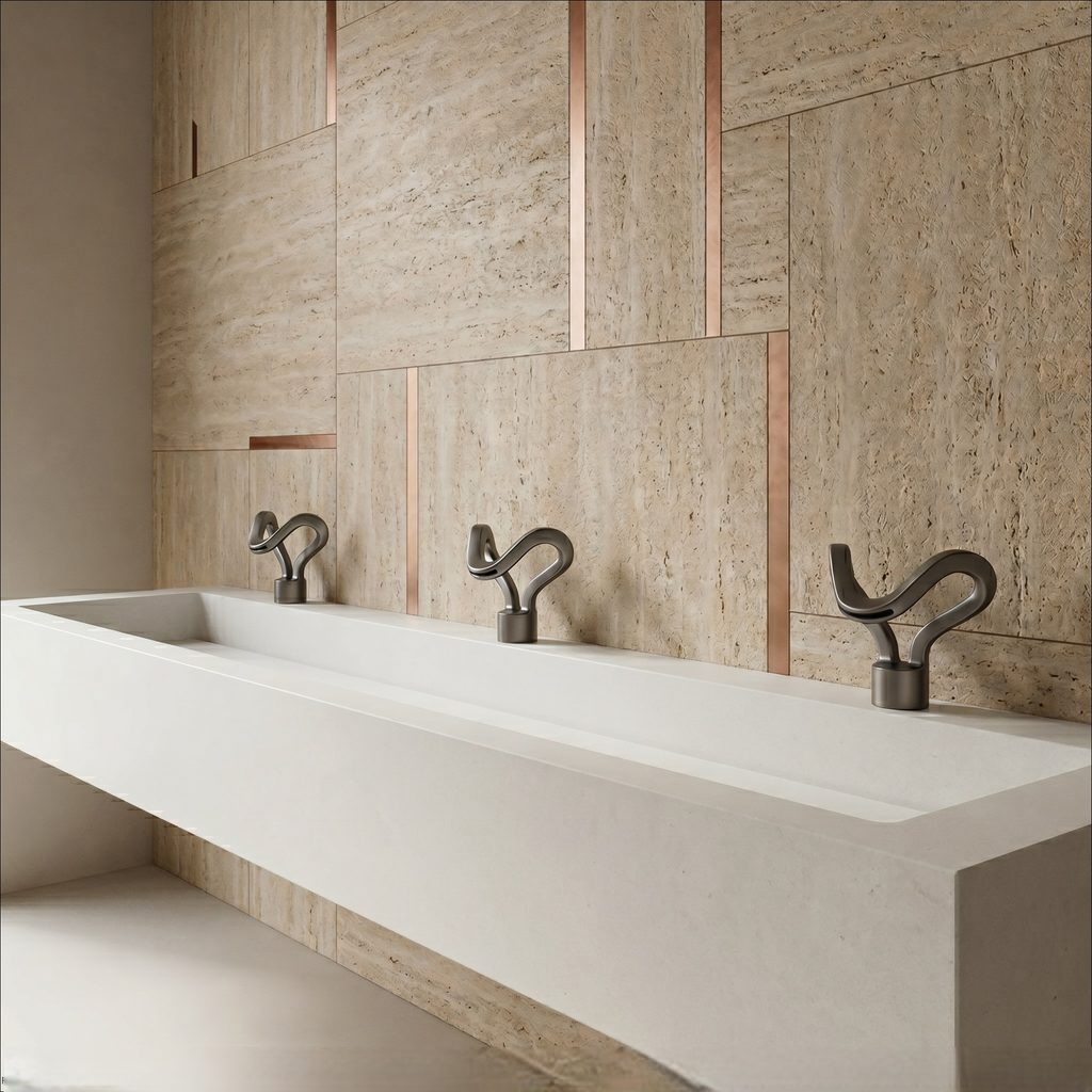 Heavy-traffic institutional restroom with polished touchless faucets installed over undermount basins