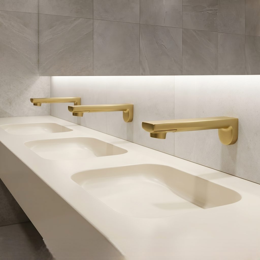 Modern commercial restroom with three coordinated sensor faucets and undermount basins