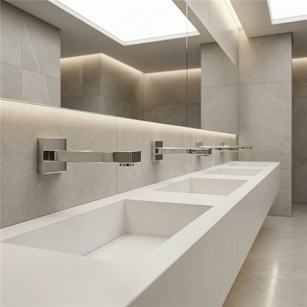 Fontana commercial touchless faucet and automatic soap dispenser coordinated at a theme park wash station