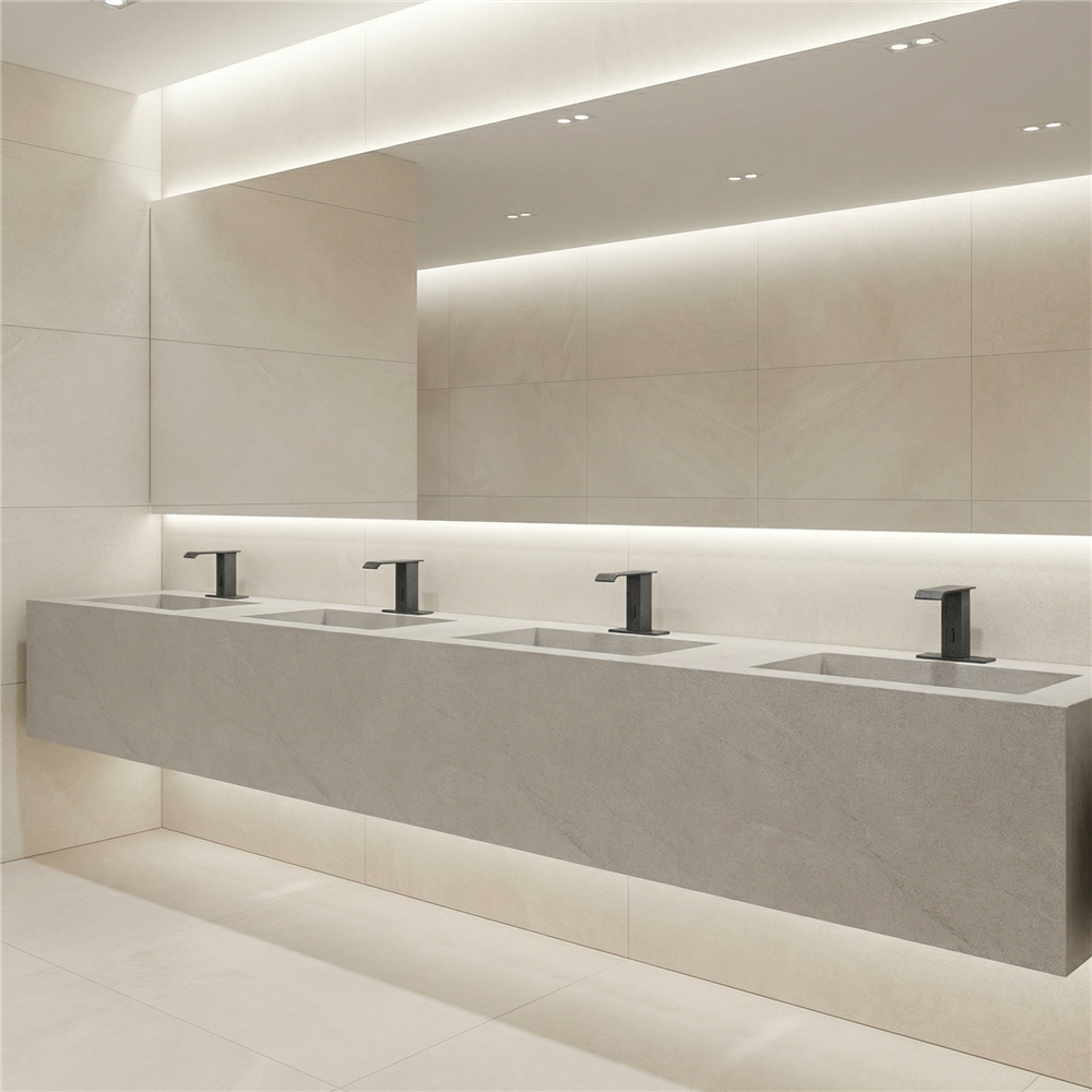 Commercial restroom fixtures including faucet and soap dispenser for specification planning
